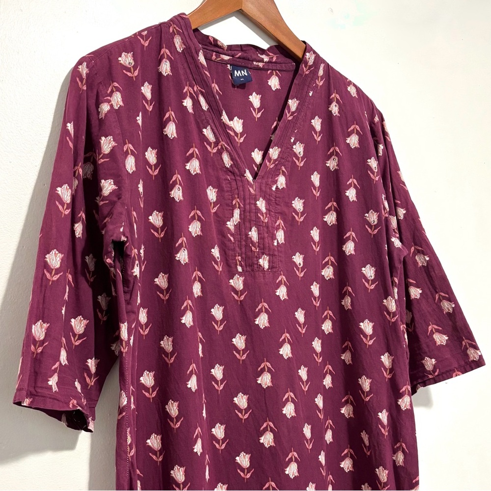 Vintage Burgundy Block Print Indian Tunic Dress - Cotton Floral Print Kurta